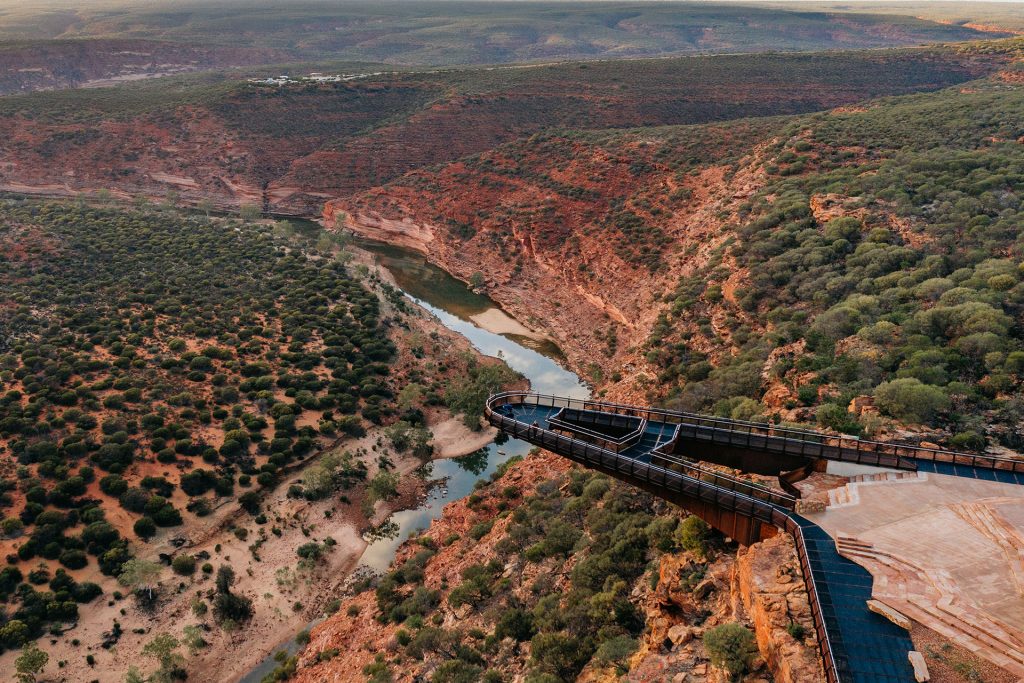 Perched on the cliff-top two 100-metre-high lookouts hang over the Murchison River Gorge and provide incredible views of the area, the Kalbarri Skywalk is the national park's newest attraction
